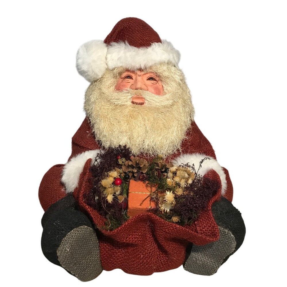 Vintage Styrofoam Rustic Santa Claus Figurine Faux Floral Basket & Jute Coat 16"